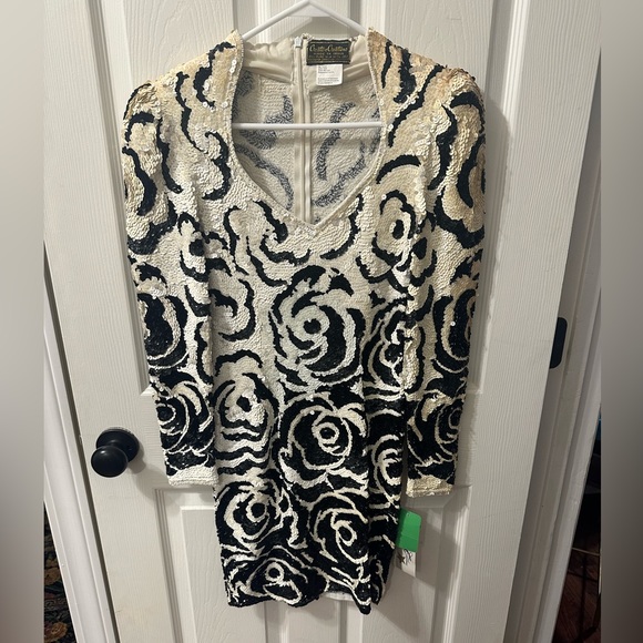 Vintage Creative Creations silk beaded black & white rose sequin dress - Picture 1 of 12